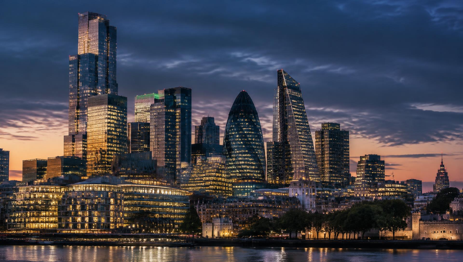 City of London financial district skyline at dusk
