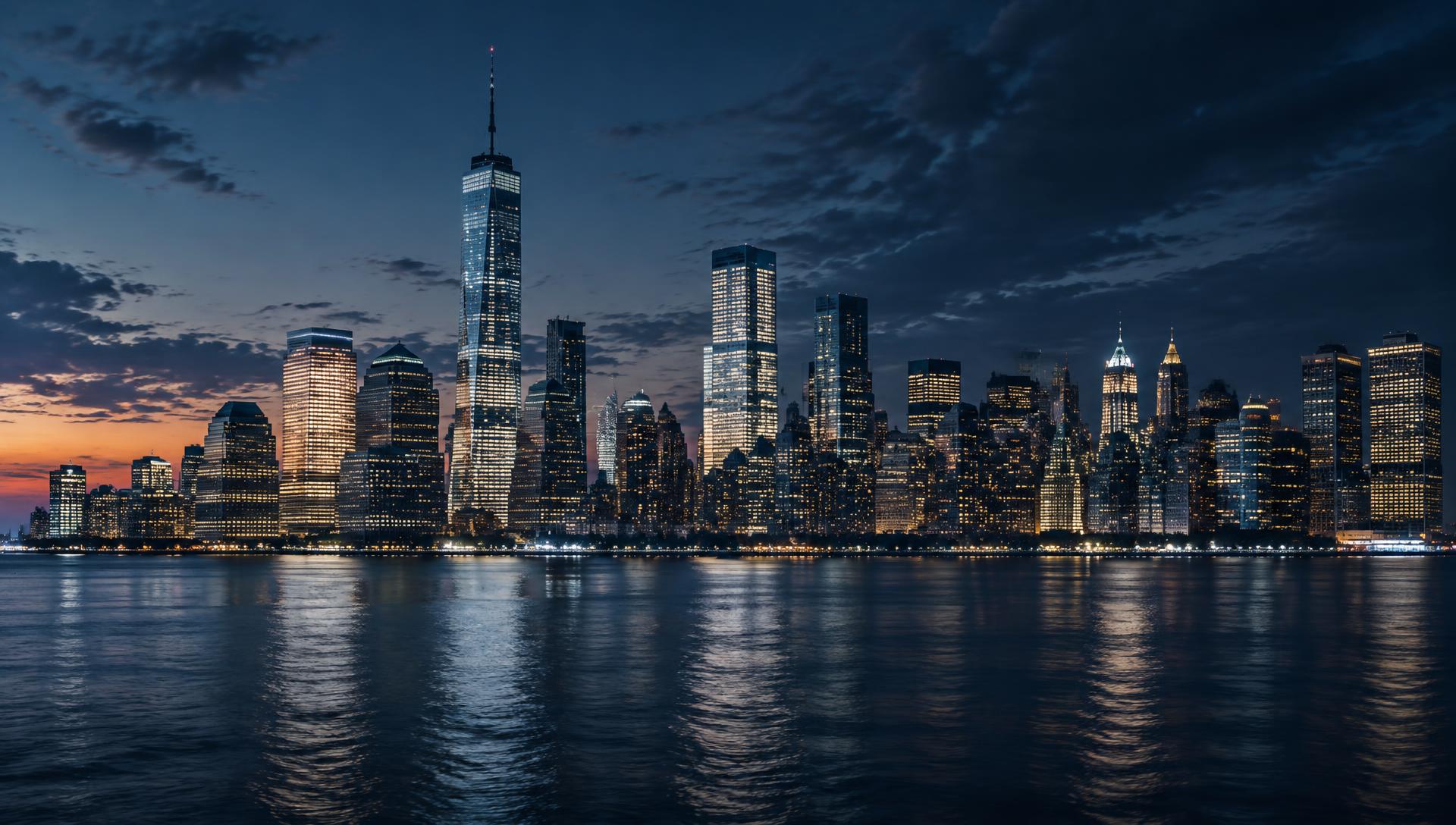 Lower Manhattan skyline at dusk